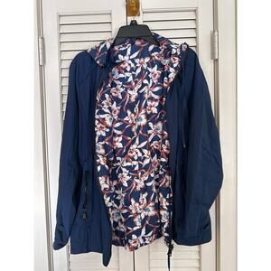 Navy Hooded Utility Jacket with Floral Lined Interior – Size M